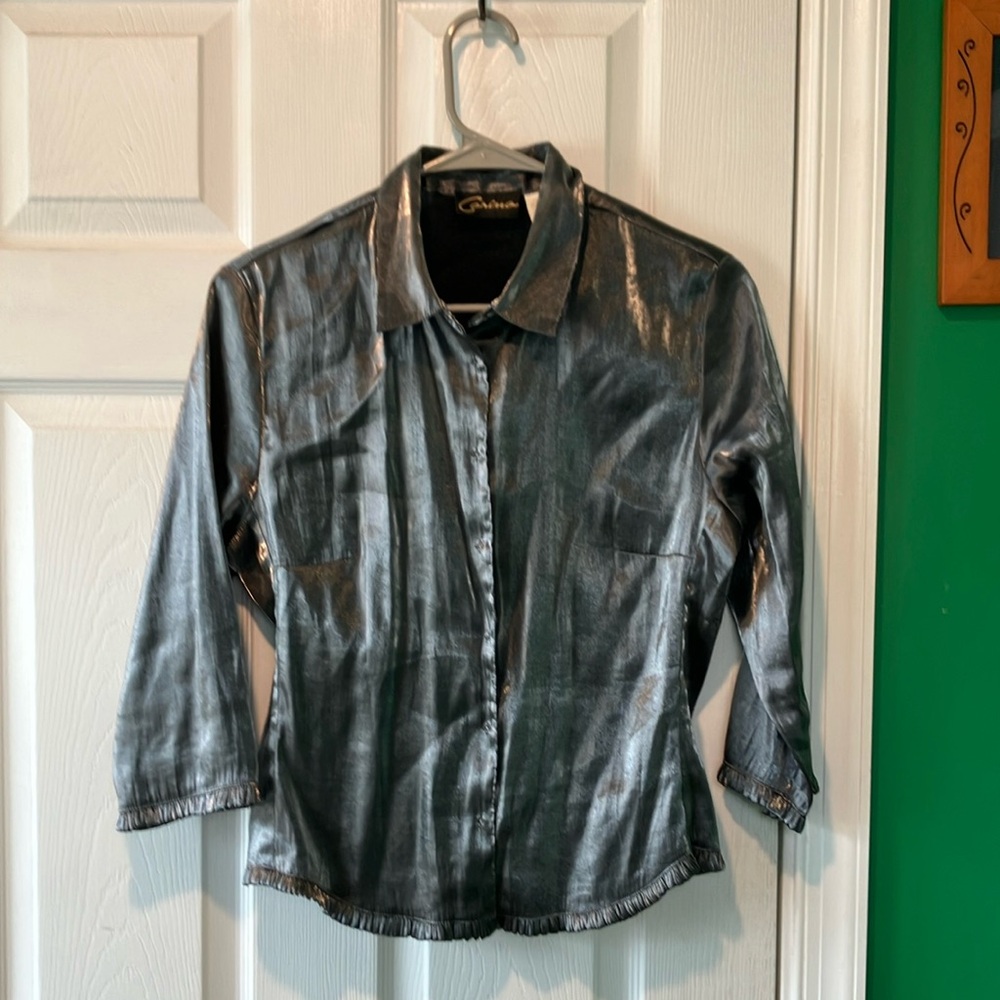 Carina Metallic Silver snap front Shirt medium shiny vintage clubbing iridescent